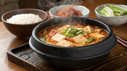 Fototapeta premium Korean kimchi stew with tofu and vegetables in hot stone bowl