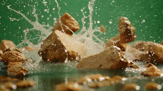 Rocks and water collide in a splash, creating a dynamic water spray against green background