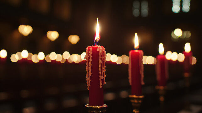 Three red candles burning brightly in a dimly lit church or cathedral setting with many other candles in soft focus bokeh background creating a warm and peaceful atmosphere. - Powered by Adobe