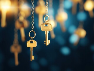 Golden keys unlocking unique possibilities ethereal space digital art enchanted environment close-up imagination unleashed