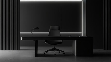 A solitary black leather executive chair sits behind a sleek, modern desk in a dimly lit, minimalist office space with subtle linear lighting.