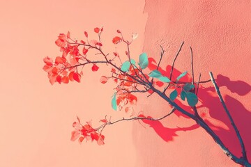 Coral colored wall with vibrant plant