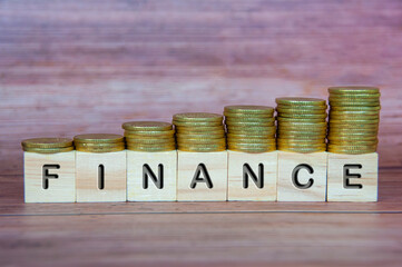 Finance text on wooden cubes with golden coins