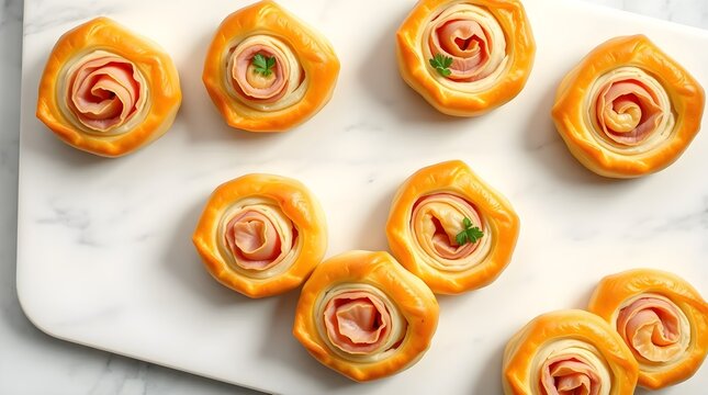 Crispy puff pastry pinwheels filled with ham and herbs, neatly arranged on a clean white marble slab with light shadows - Powered by Adobe