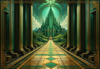  Stylized Art Deco Rendering of the Wizard s Domain, Highlighting Bold Lines and Metallic Accents