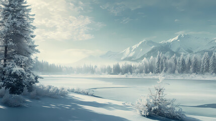 Snowy landscapes nature idea. a serene winter landscape with snow-covered trees and mountains in the distance. Drifting Echo. Illustration