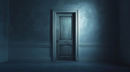A mysterious wooden door stands closed in a dimly lit room, evoking intrigue.
