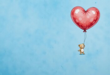  A sweet watercolor style teddy bear holding a red heart balloon, presented on a textured blue paper background.