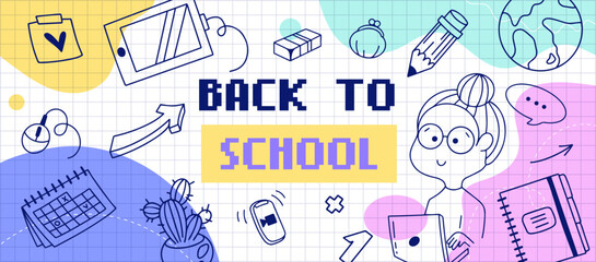 Back to School Creative Doodle Education Banner. Welcome back greeting, colorful school supplies, cute illustrations. Perfect for covers, banners, cards. Vector Design.