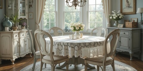 Obraz premium Elegant and Distressed A Vintage Dining Area with Aged Charm, Soft Lighting a Touch of Victorian Grandeur