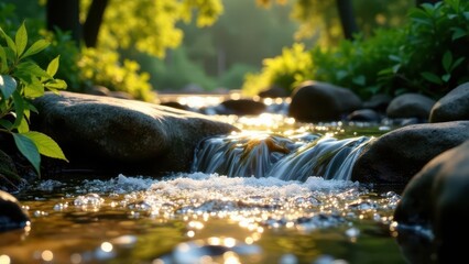 Serene stream flows gently over smooth river rocks, bathed in warm sunlight filtering through lush green foliage