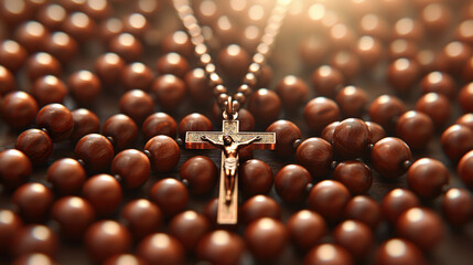 A golden crucifix rests on a bed of dark brown wooden rosary beads in warm sunlight creating a serene and spiritual scene perfect for religious themes.