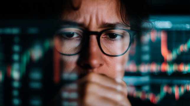 Gestresster Analyst bei der Auswertung von Finanzdaten &ndash; Wirtschaftskrise, B&ouml;rsencrash und Datenflut, B&ouml;rse, Krise, Crash