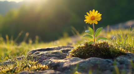 A single vibrant yellow wildflower bravely blooms in the golden sunlight atop a rocky outcrop amidst lush green grass and moss.