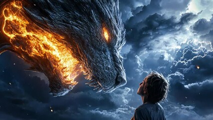 A young boy gazes in awe at a massive dragon with fiery eyes amidst a stormy sky