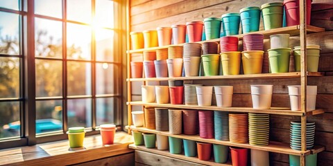 Colorful Disposable Cups Displayed on Wooden Shelves in Sunny Room