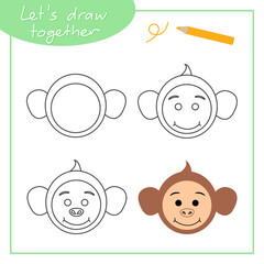 Step-by-step drawing with children. Training for primary school. Monkey