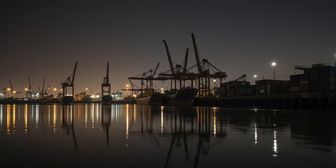 Fototapeta premium Port Authority Cargo Ships and container stacks with distant lights on the horizon creating an atmospheric mood.