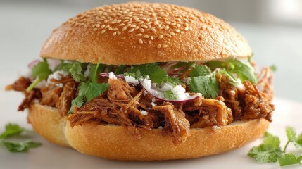 A delicious pulled pork sandwich topped with fresh cilantro, onions, and a fluffy sesame seed bun, showcasing mouthwatering flavors and textures.