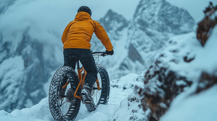 Fat bike rider exploring snowy mountain landscape with wide tires. Concept of winter cycling adventure, extreme sports and wilderness exploration