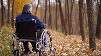 Elderly Man in Wheelchair Enjoying Nature in Autumn Park