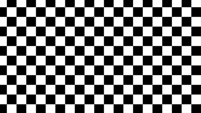 A black-and-white checkered pattern in motion creates an illusion of infinite looping movement in space.