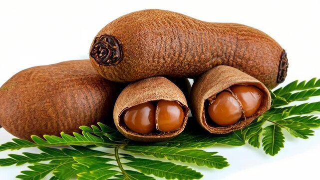 Freshly harvested ackee fruits stacked on a white surface with bright green leaves detail the edible Arilli inside