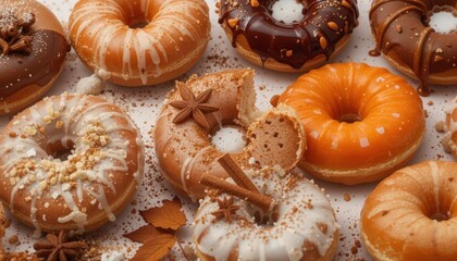  Warm spices and comforting flavors shine in this autumn themed donut assortment, isolated for seamless integration.