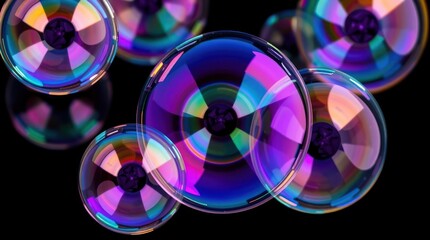 Colorful, iridescent soap bubbles against a dark background.  Each bubble displays vibrant hues and a radial pattern