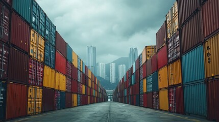 Fototapeta premium The industrial scene features colorful shipping containers stacked high against an imposing city skyline.