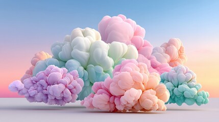 Fototapeta premium A dreamy composition of colorful, fluffy clouds in pastel hues set against a soft gradient sky, evoking tranquility and whimsy.