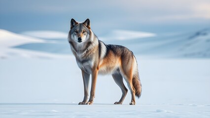 A wolf standing confidently on a snowy place