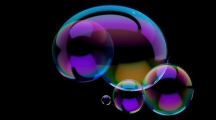 Colorful iridescent soap bubbles on black background