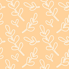 Seamless pattern of white leaves isolated on pastel orange background.