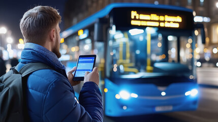 Man using his smartphone while waiting for an electric bus at a modern urban bus stop with great city view