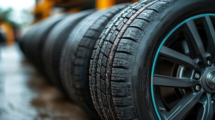Close-up of wet car tires showing tread and alloy wheel