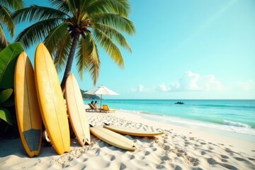 Tropical Paradise Surfboards Resting Under Palm Tree Near Ocean Shore With Relaxing Couple