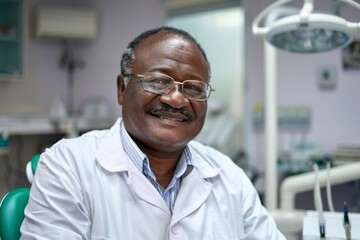 Fototapeta premium Smiling middle aged African dentist in a modern dentists office portrait
