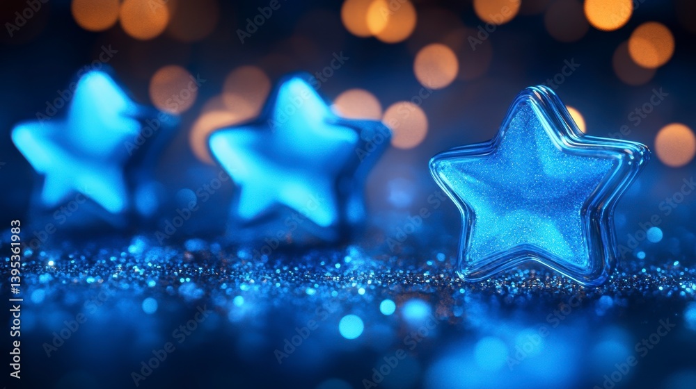 Poster three glowing blue star shapes on a sparkly blue surface with bokeh lights.