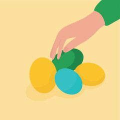 Illustration-flat for the Easter holiday. Hand reaches for dyed eggs. Egg painting. Dyed eggs.