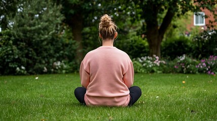 Fototapeta premium Woman Meditating in Peaceful Garden Setting Surrounded by Nature