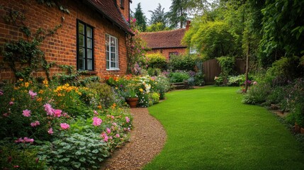 Naklejka premium Charming Cottage Garden with Lush Greenery and Vibrant Flowers