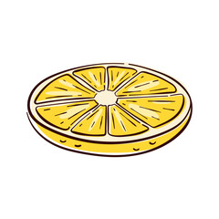 Hand drawn yellow lemon slice isolated on white background. Perfect for citrus fruit design, healthy food packaging, juice labels, summer theme and kitchen decoration.