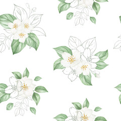 Seamless Jasmine Botanical Pattern – White Blossoms with Leaves and Minimal Design – Watercolor Surface Print