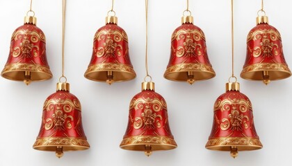  Artisan Crafted Engraved 3D Christmas Bell Ornaments in Red and Gold, Highly Detailed