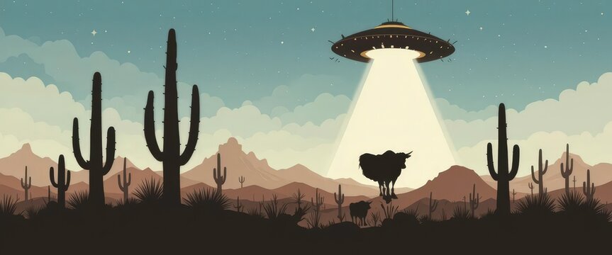  Western Themed Cow Abduction Graphic with Cactus Silhouettes and a Dramatic UFO Beam