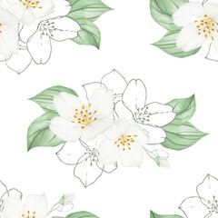 Seamless Jasmine Floral Pattern – White Blossoms and Lush Leaves – Watercolor Botanical Print