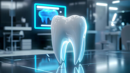 A realistic, glowing tooth model displayed in a modern dental clinic, illustrating dental health and technology advancements.
