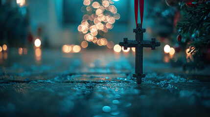 A dark gray ornate cross hangs from a red ribbon on a snowy wooden surface with a blurred Christmas tree and lights in the background creating a peaceful and contemplative holiday