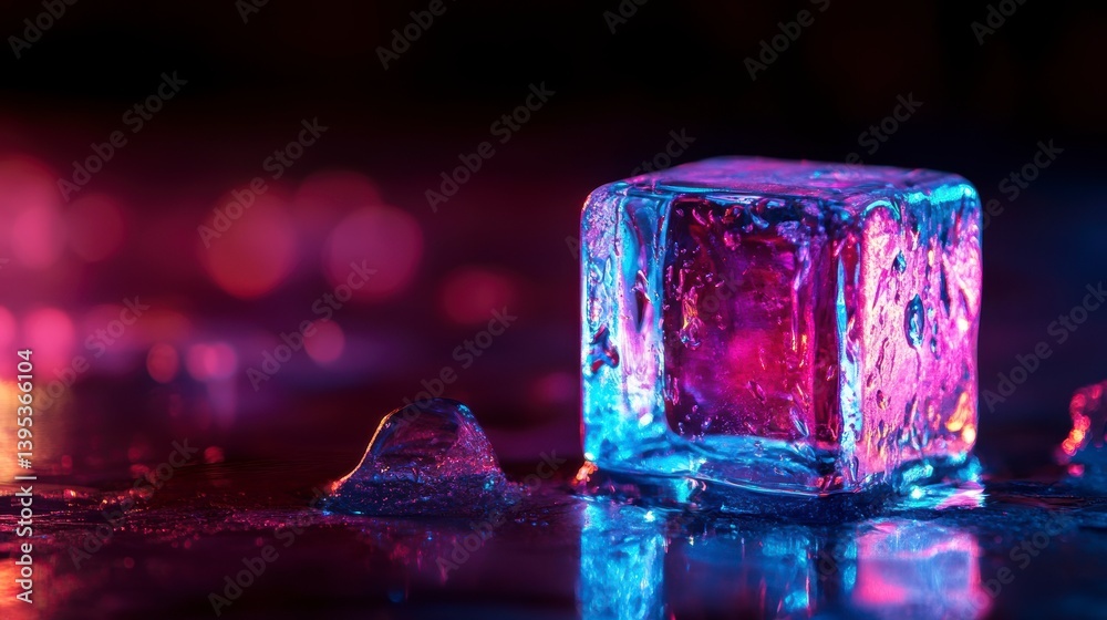 Poster illuminated ice cube with water droplets on dark background.